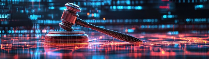 Wall Mural - Digital Gavel on Futuristic Neon Background Representing Technology in Law and Justice System