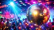 © Udomner - Disco ball reflecting colorful lights in a crowded nightclub room, party, nightlife, dance floor, reflections, groovy