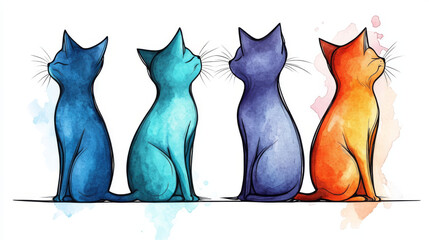 Canvas Print - Four cats in a row, each in a different color.