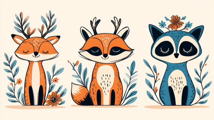 Sticker - Cute cartoon foxes and a raccoon with floral accents.