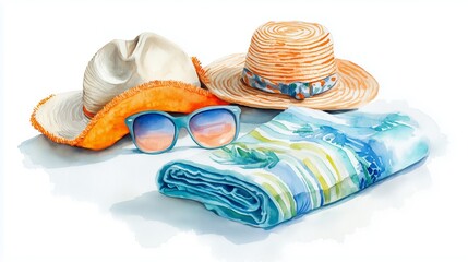 Sticker - A vibrant summer setup featuring sun hats, sunglasses, and a colorful beach towel perfect for a day at the beach