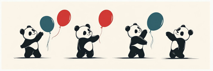 Sticker - Four adorable pandas playing with balloons.