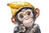 A cheerful monkey wearing a banana hat, showcasing a playful personality in a vibrant illustration.