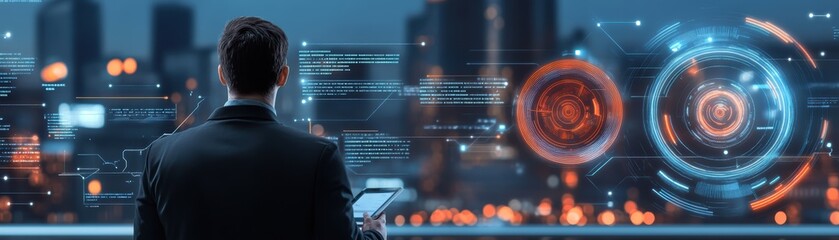 Wall Mural - a businessman in a suit analyzing floating digital data interfaces against a futuristic cityscape ba