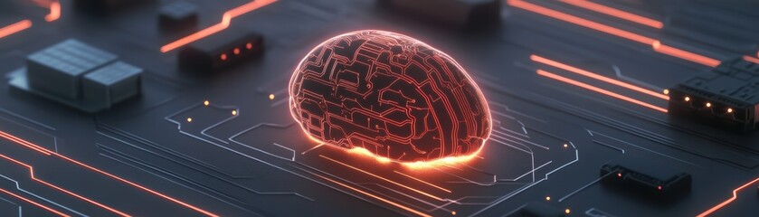 Wall Mural - a detailed 3d rendering of a brain embedded with circuitry, connected to a digital circuit board, sy