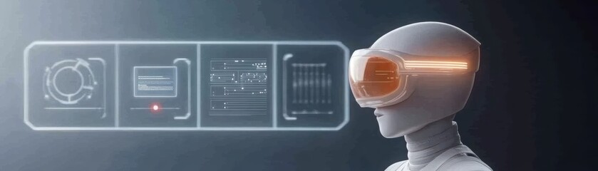 Wall Mural - a futuristic robot wearing a visor with an augmented reality display, interacting with a digital int