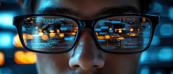 Wall Mural - A man is looking at a computer screen through a pair of glasses