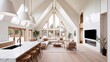 © Shadaw - modern, open-plan living space with a high, vaulted ceiling and large, triangular windows that allow ample natural light to flood the room