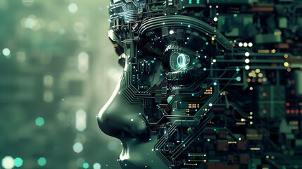 Wall Mural - close-up of a robotic eye with a detailed digital and electronic circuit board.