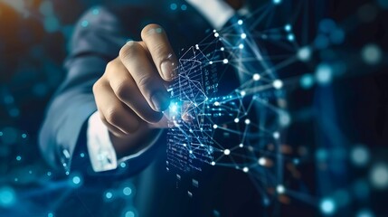 Wall Mural - businessman's hand reaches out to touch a glowing digital network, representing the interconnected n