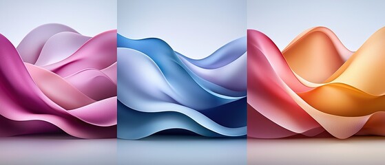 Abstract art with pink, blue and orange, wave shapes.