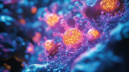 Wall Mural - close-up of vibrant microscopic virus particles with glowing orange cores and blue background in a f