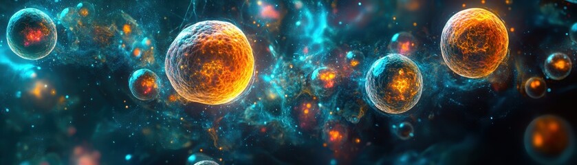 Wall Mural - abstract visualization of glowing cells in a cosmic environment with vibrant colors and dynamic ener