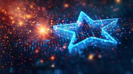 Wall Mural - glowing blue star on a dark digital background with sparkles and light effects.