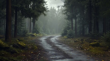 Green forest with small road and cloudy, nature landscape theme