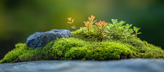 Canvas Print - A close-up shot of moss growing on a rock with a few small plants emerging from it.