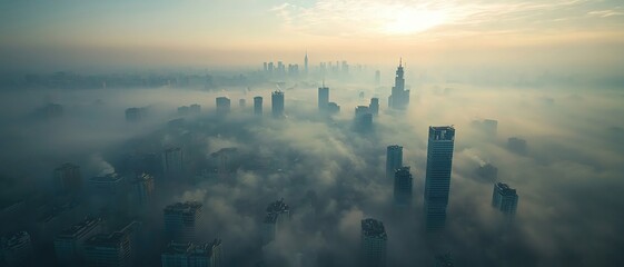 bird s eye view of a city surrounded by smog and haze, visualizing urban pollution and air quality i