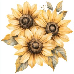 Wall Mural - A vibrant illustration of three sunflowers with leaves, highlighting natural beauty.