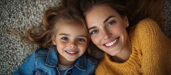 Wall Mural - Happy mother and daughter laying down on a carpet and smiling at the camera.