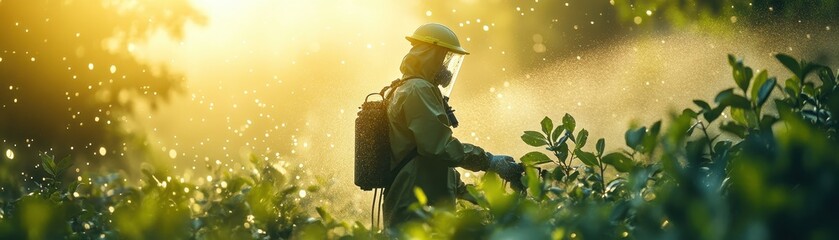 Agricultural Worker Spraying Plants in Lush Green Field at Sunrise with Protective Gear and Mist in the Air