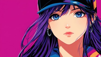 Sticker - A vibrant anime portrait of a girl with long purple hair, stylishly dressed in a black hat and colorful jacket, set against a dreamy backdrop.