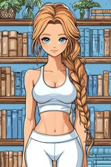 Wall Mural - Adorable flat illustration of a cute girl in manga style, sporting golden hair and cool eyes, wearing a white vest.