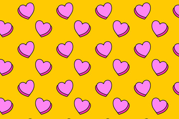 beauty love 3d shape colorful pattern on yellow background. doodle heart love object symbol seamless pattern background. funny love shape seamless pattern for decor and merchandise