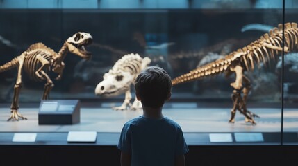a young boy gazes at a dinosaur skeleton display in a museum.