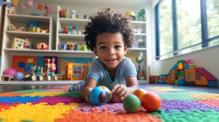 Wall Mural - A young boy playing with toys on a colorful rug in a daycare.