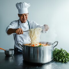 A professional chef skillfully prepares delicious noodles in a modern kitchen, showcasing vibrant vegetables and steaming goodness in a pot, embodying culinary art.