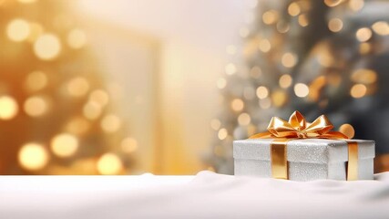 Wall Mural - Christmas gift box with golden bow on blurred background.