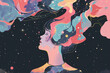 © EliteStock - A serene young woman with colorful, flowing hair, surrounded by a cosmic backdrop, symbolizing creativity and imagination.