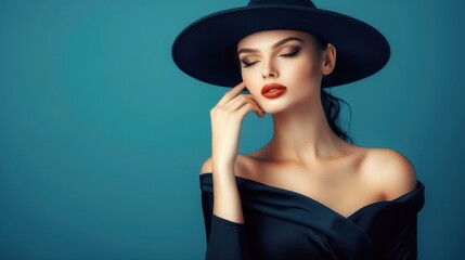 Poster - Stunning silhouette of a young woman in black attire wearing a traditional hat, exuding elegance against a dark backdrop.