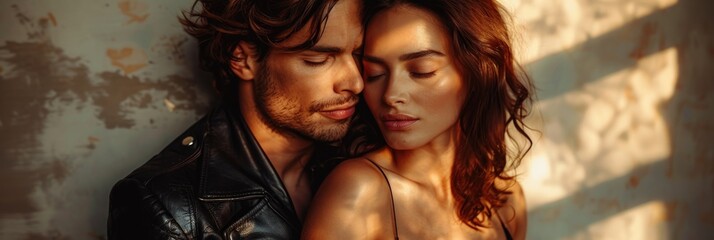 Wall Mural - couple posing close together in front of string lights