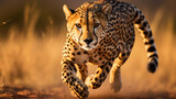 cheetah running at full speed across the savanna, capturing its agility and power in a golden-lit natural environment.