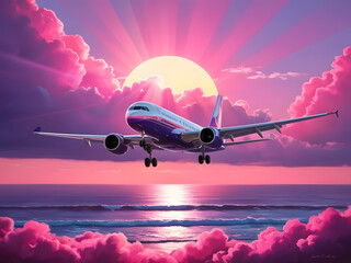 a colorful airplane is flying over the ocean and the sun is setting.