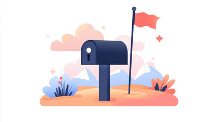 Sticker - A sleek, minimal mailbox design features a raised flag, showcasing soft pastel hues and clean vector style.