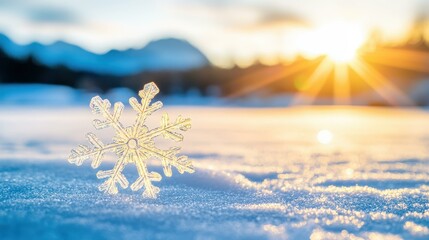 Sticker - A stunning closeup of a single snowflake resting on a snowdrift, glimmering at sunrise amid a dreamy winter wonderland.