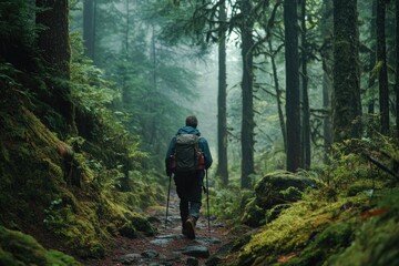 Wall Mural - A lone hiker walks a misty forest path.