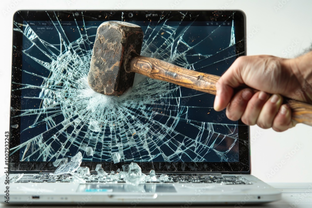 Smashing A Computer Screen Man Smashing Laptop Screen with Hammer Concept of Stress, Frustration ...