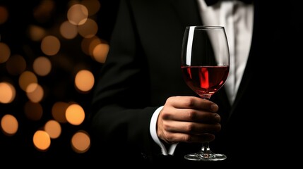 A dapper man in a sleek black suit holds a glass of red wine, exuding charm against a softly blurred backdrop.