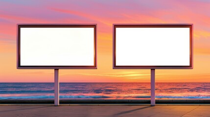 Wall Mural - A serene bus stop at twilight features empty billboards framed by a beautiful pastel sunset, ideal for outdoor ads.