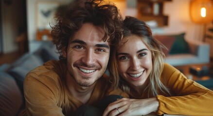 Happy Young Couple Relaxing at Home with Cozy Lighting