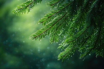 Poster - Close-up of Evergreen Tree Branches with Raindrops