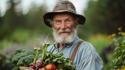 Wall Mural - Senior man holding freshly harvested vegetables