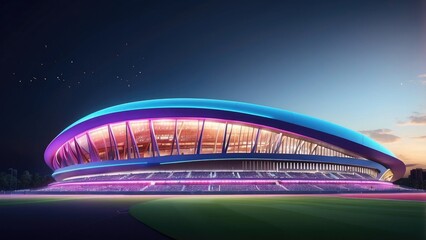 3D rendering of a cricket stadium at night, illuminated with fans, vibrant lights, and modern sports complex architecture