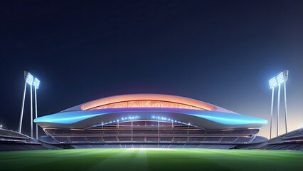 3D rendering of a cricket stadium at night, illuminated with fans, vibrant lights, and modern sports complex architecture