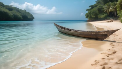 Wall Mural - Serene tropical beach oasis with crystal-clear waters, soft white sands, and a welcoming wooden chair for ultimate relaxation