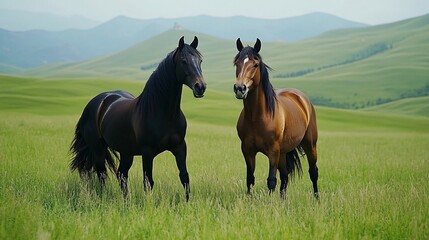 Two Horses Standing in a Field with Green Hills in the Background