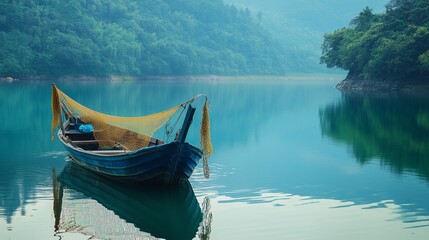 Poster - A serene blue boat rests on calm waters surrounded by misty mountains in the early morning light